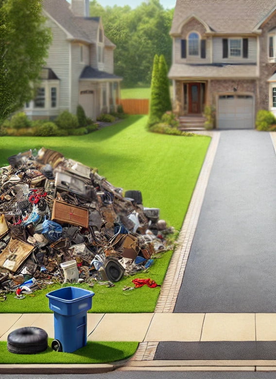 Ryan’s Junk Truck parked in a clean driveway of a residential home in Providence, RI, after a professional junk removal service. A large pile of clutter is cleared, with green lawns and clear skies in the background.