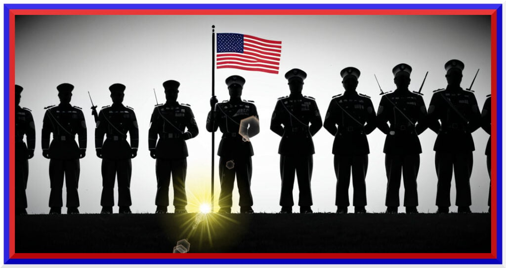 Patriotic salute by military personnel holding the American flag, representing the Veterans Discount offered by Ryan's Junk Truck junk removal services in Rehoboth, MA.